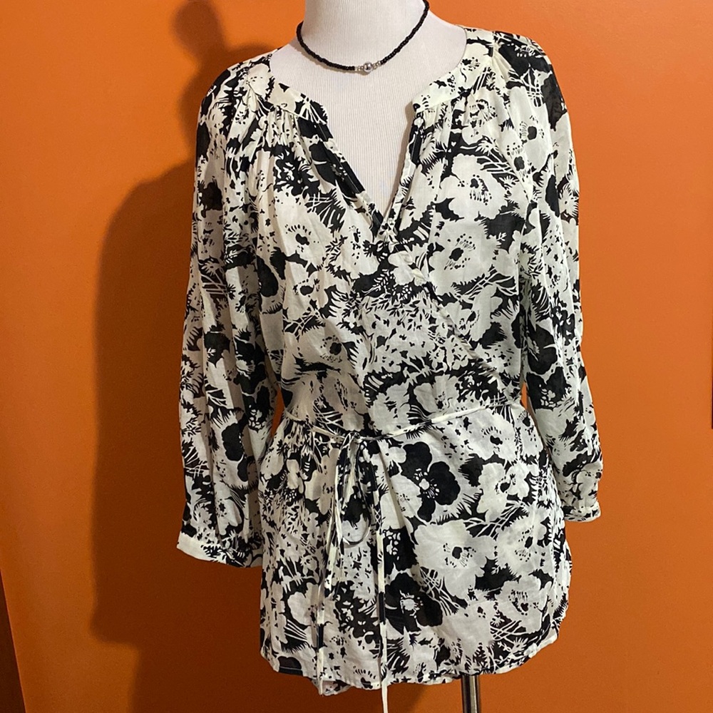LAUREN RALPH LAUREN Gauzy Floral 3/4 Sleeves Black & White Wrap Blouse ~ Airy!